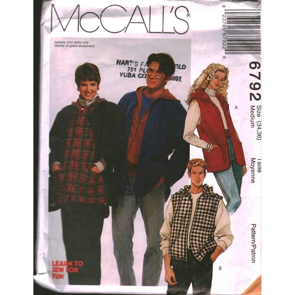 Vintage McCalls 6792 Sewing Pattern Mens Misses Jacket Vest Hooded Size Medium